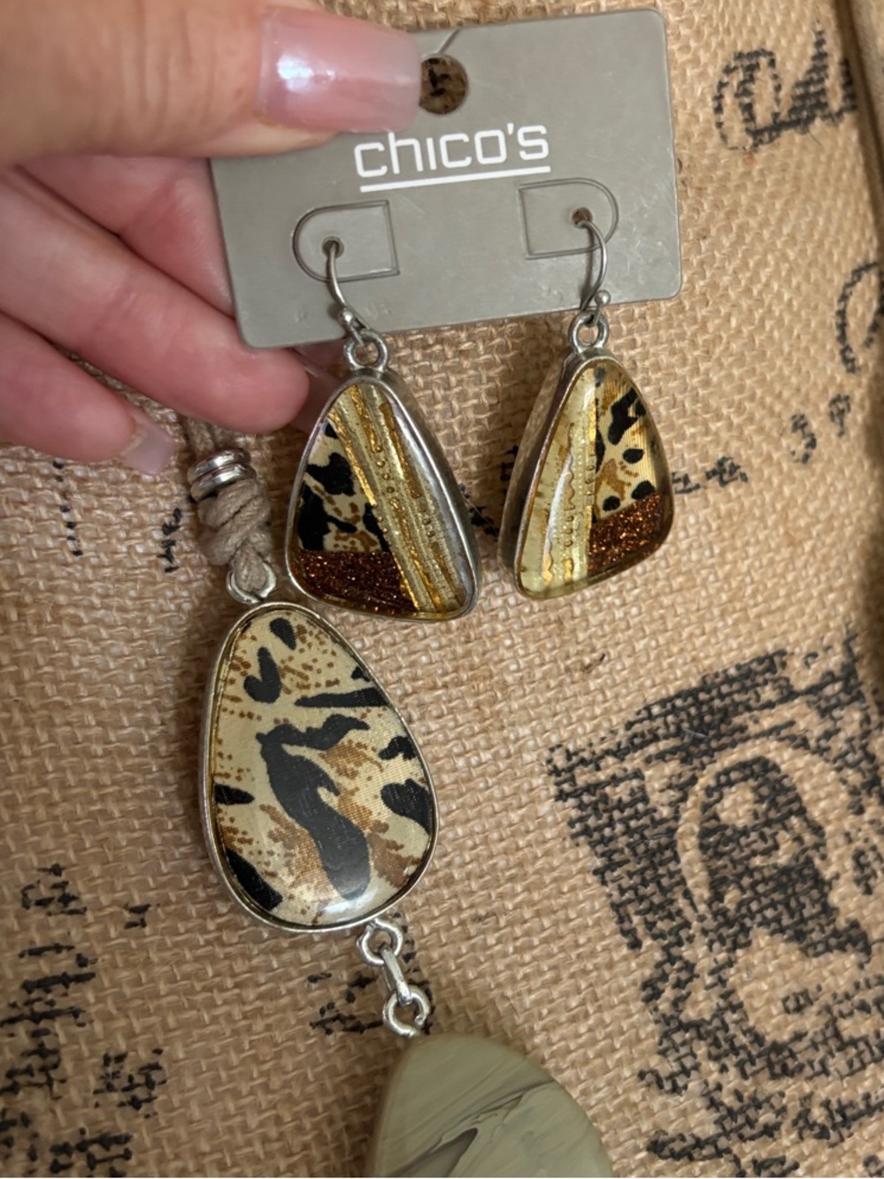 Chico's Mixed Neutral Statement Long Necklace with Pierced Earrings